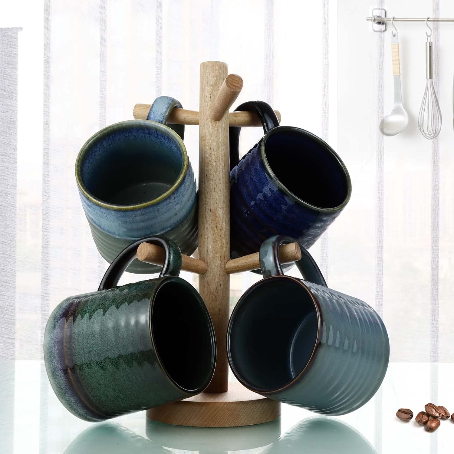 Handcrafted Large Ceramic Coffee Mug, Pottery Tea Cup for Office and Home, Big Handle Easy to Hold, (Ink Green) 18 Oz